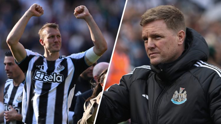 Dan Burn celebrates Newcastle United qualifying for the Champions League, Eddie Howe managing Newcastle United