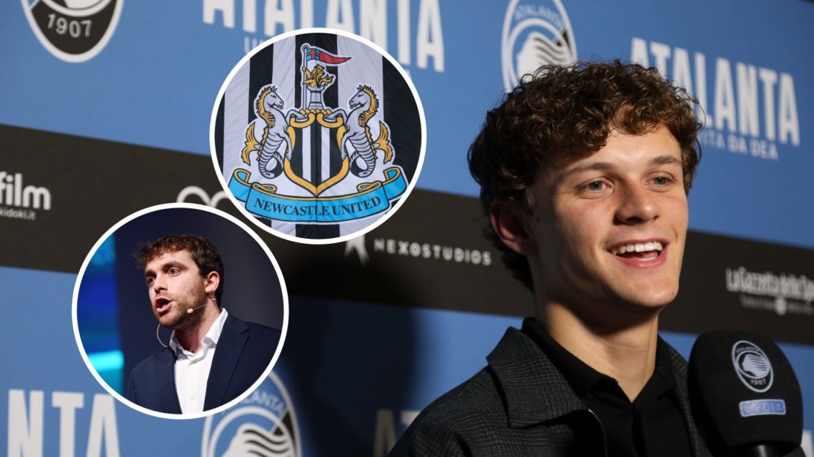 Giorgio Scalvini of Atalanta speaks to the media during a premiere of "Atalanta. Una Vita da Dea". Inset: Fabrizio Romano and the Newcastle United ...
