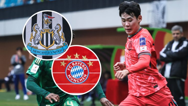 Park Seung-soo playing for South Korea Under-20s, Newcastle United badge, Bayern Munich badge