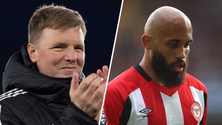 Newcastle United manager Eddie Howe smiles, Brentford's Bryan Mbeumo looks to the floor during a match
