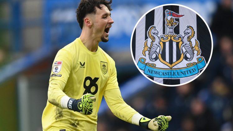 James Trafford celebrates after Burnley beat Blackburn Rovers in the Championship. Inset, detail view of the Newcastle United badge.