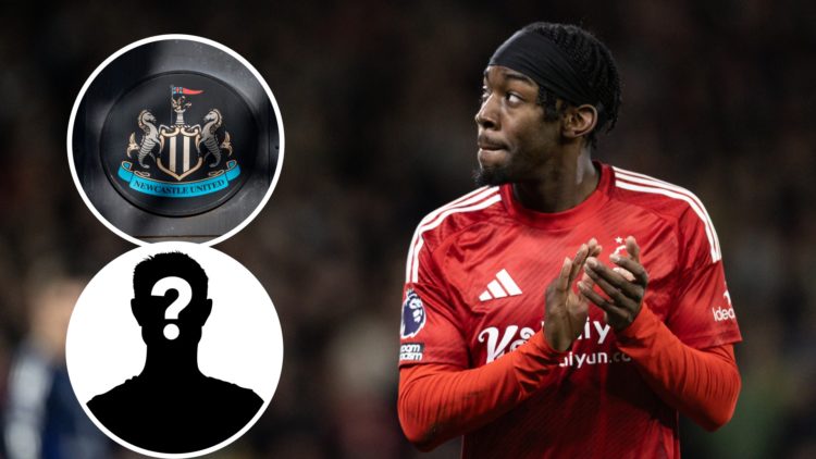 Inset 1, detail view of the Newcastle United badge. Inset 2, mystery player graphic. Anthony Elanga looks on after playing for Nottingham Forest.