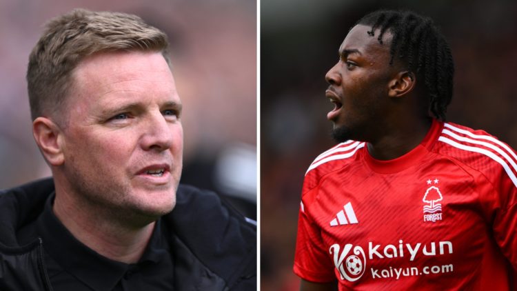 Eddie Howe is pictured before a Newcastle United game. Anthony Elanga shouts during a Nottingham Forest game.