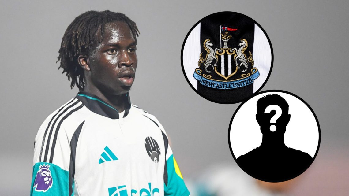 Garang Kuol playing for Newcastle United Under-21s, Newcastle United badge on a shirt, mystery player