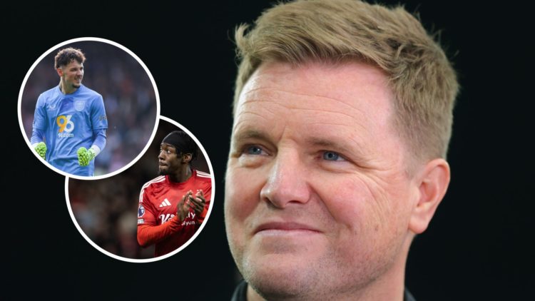 Close up image of Eddie Howe smiling. Insets: Anthony Elanga applauds fans. James Trafford celebrates.