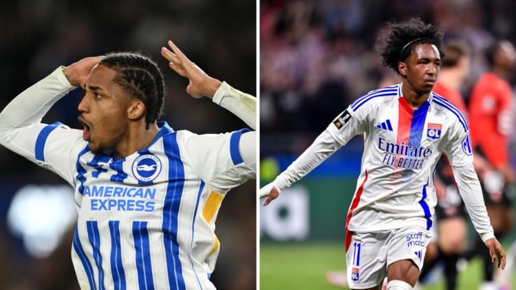 Joao Pedro celebrates scoring for Brighton. Malick Fofana celebrates after scoring for Lyon.