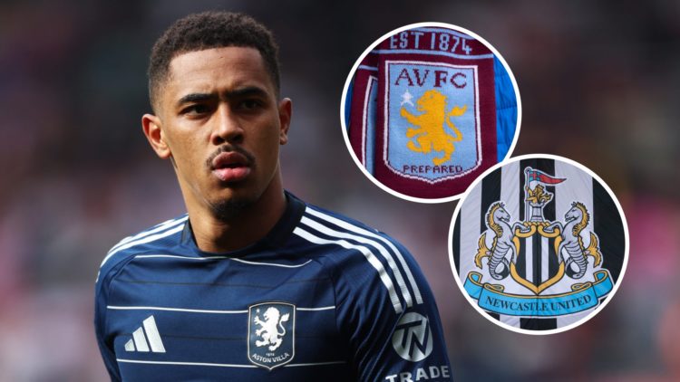 Jacob Ramsey playing for Aston Villa, Aston Villa badge on a scarf, Newcastle United badge on a flag