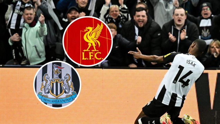 Newcastle United's Swedish striker #14 Alexander Isak celebrates after scoring his team fifth goal during the English Premier League football match...