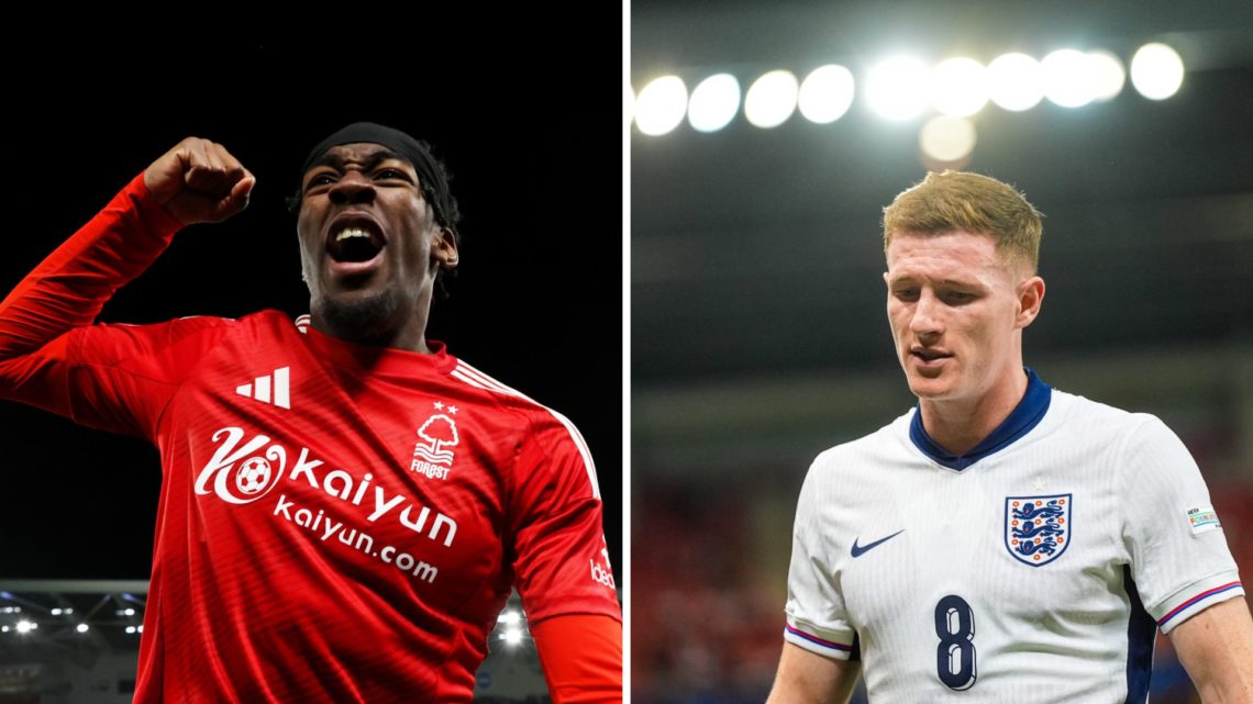Anthony Elanga celebrates a Nottingham Forest goal. Elliot Anderson looks on during a England's game against Spain in the UEFA U21 European Champio...