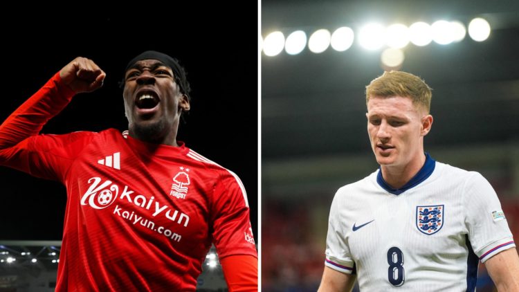 Anthony Elanga celebrates a Nottingham Forest goal. Elliot Anderson looks on during a England's game against Spain in the UEFA U21 European Champio...