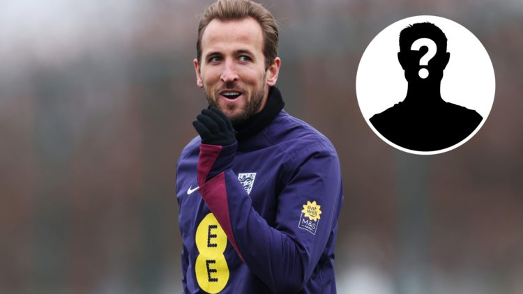 Harry Kane is pictured smiling during an England training session. Inset, mystery person graphic.