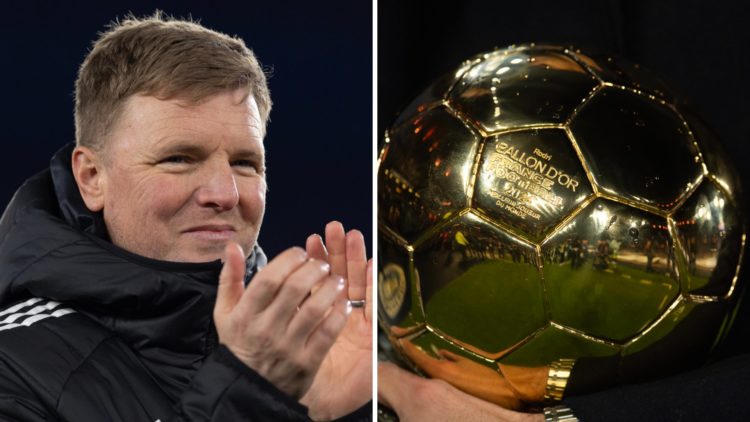 Eddie Howe applauds towards Newcastle United fans. A detail view of the Ballon d'Or award.