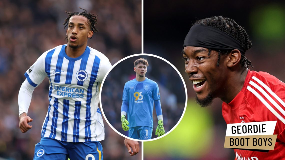Joao Pedro playing for Brighton in the Premier League. Anthony Elanga pictured smiling while playing for Nottingham Forest. Inset, James Trafford i...