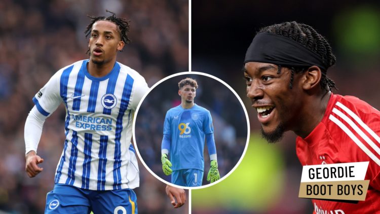 Joao Pedro playing for Brighton in the Premier League. Anthony Elanga pictured smiling while playing for Nottingham Forest. Inset, James Trafford i...