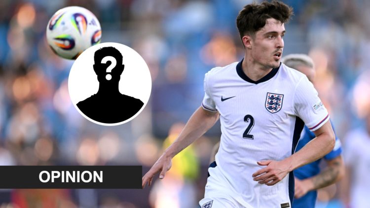 Tino Livramento chases the ball during an international game between England and Slovenia at the Under-21 European Championships. Inset: A mystery ...