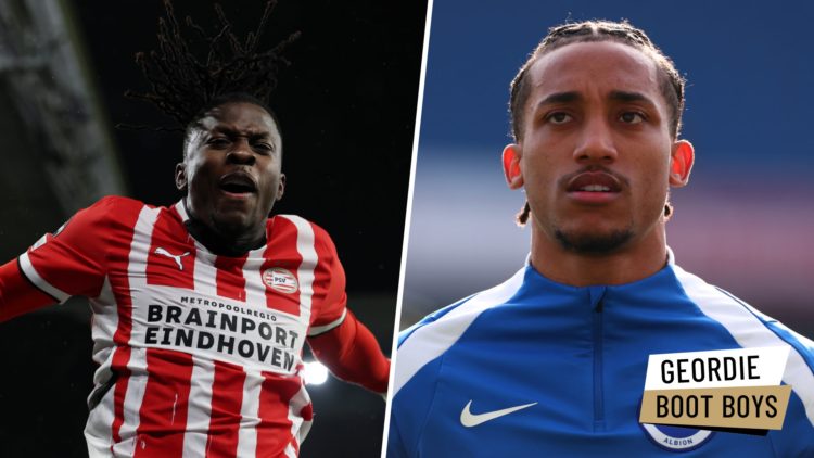 Johan Bakayoko celebrating scoring for PSV Eindhoven against Liverpool. Joao Pedro is pictured in a warm up for Brighton.