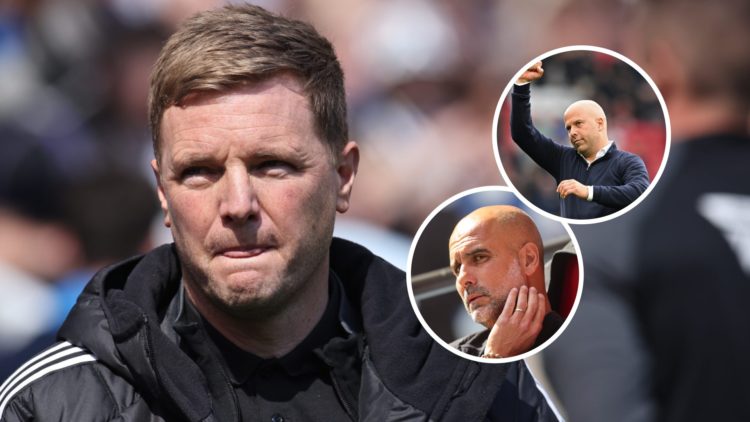 Newcastle United Manager Eddie Howe is present during the Premier League match between Newcastle United and Chelsea at St. James's Park. Inset: Liv...