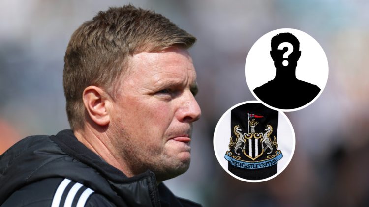 Eddie Howe looks on during a Premier League game between Newcastle United and Chelsea. Inset: the Newcastle United crest and a mystery player.
