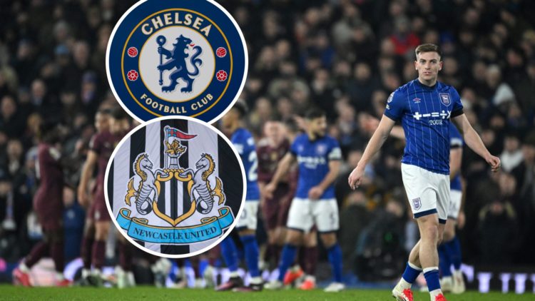 Inset 1, a general view of the Chelsea club badge. Inset 2, the Newcastle United club badge. Liam Delap looks dejected playing for Ipswich.