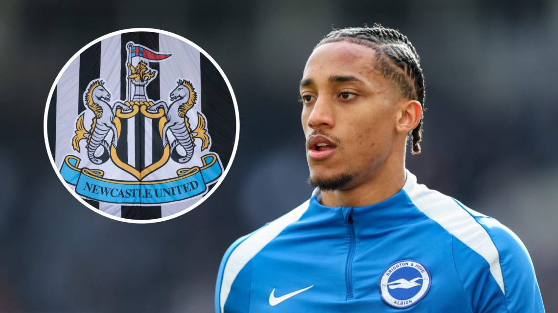 Inset, detailed view of the Newcastle United. Joao Pedro warming up before a match for Brighton.