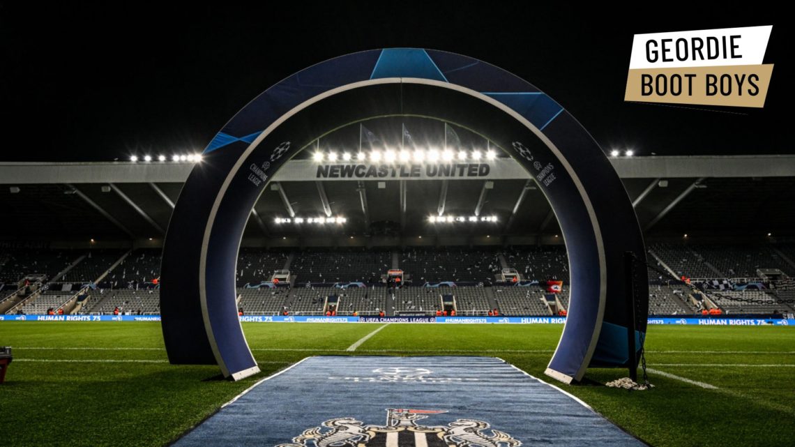 A view of St James' Park from the touchline with a board displaying the Champions League logo. Inset: the Geordie Boot Boys logo