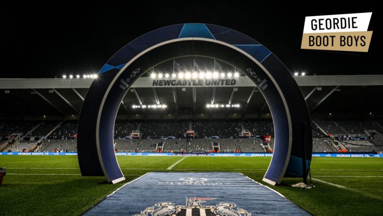 A view of St James' Park from the touchline with a board displaying the Champions League logo. Inset: the Geordie Boot Boys logo