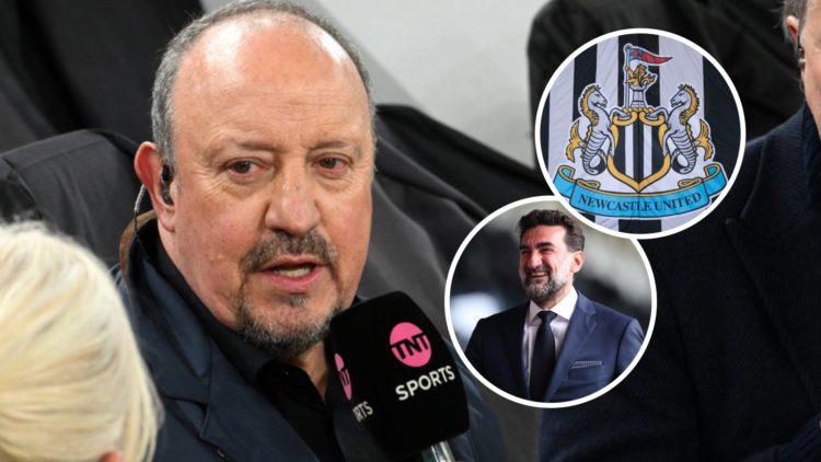 Rafa Benitez being interviewed in the dugout at Anfield before a Premier League game between Liverpool and Newcastle United. Inset: Newcastle Unite...