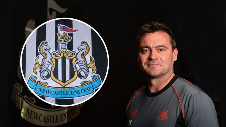 Academy manager Steve Harper poses next to the Newcastle United crest. Inset: the Newcastle United badge on a flag.