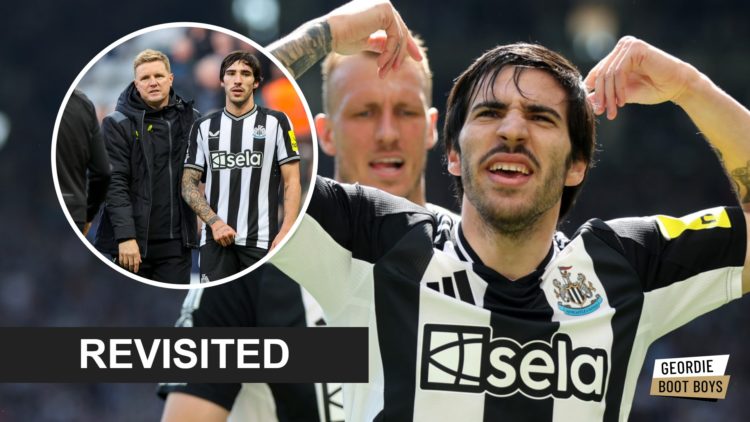 Sandro Tonali celebrates scoring for Newcastle United, Eddie Howe and Sandro Tonali after a Newcastle United game