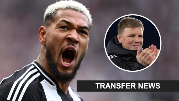 Joelinton of Newcastle United celebrates after Harvey Barnes scoring during the Premier League match between Newcastle United FC and Manchester Uni...