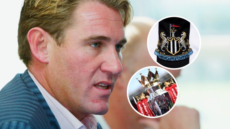Simon Jordan attending a press conference. Inset: The Newcastle United badge and the Premier League trophy.
