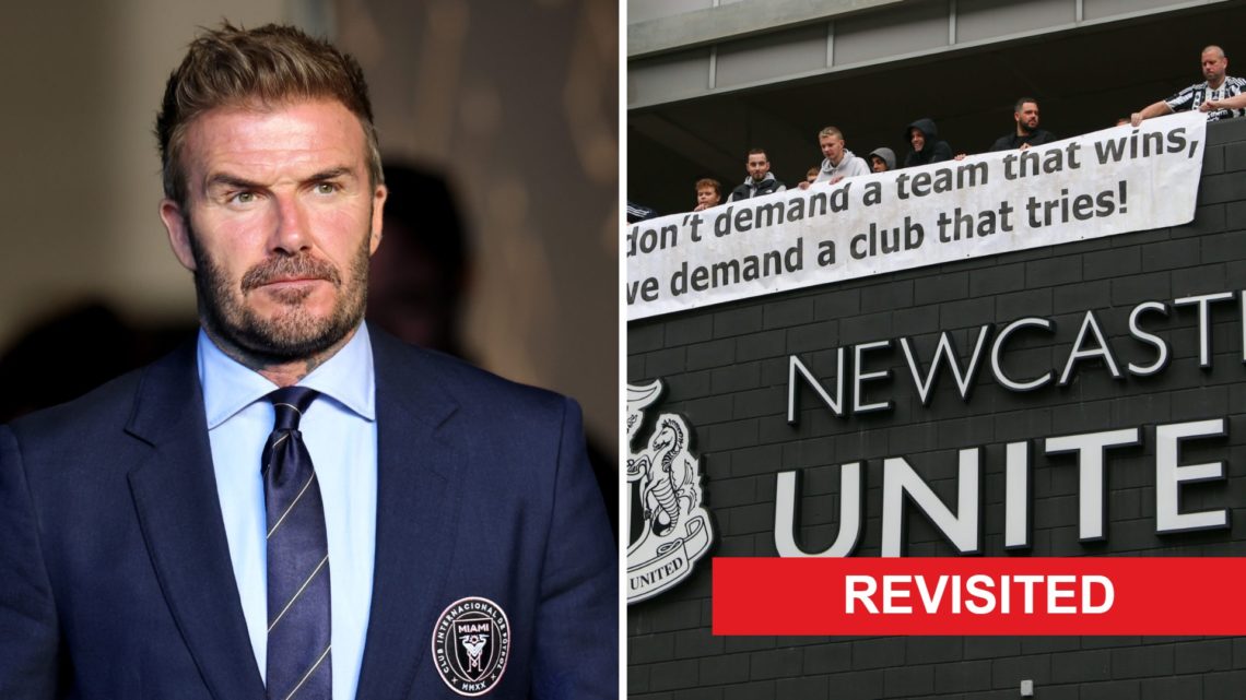 Sir David Beckham is pictured before Inter Miami play Al Ahly FC at the FIFA Club World Cup 2025. Newcastle United fans hold up a protest banner ou...