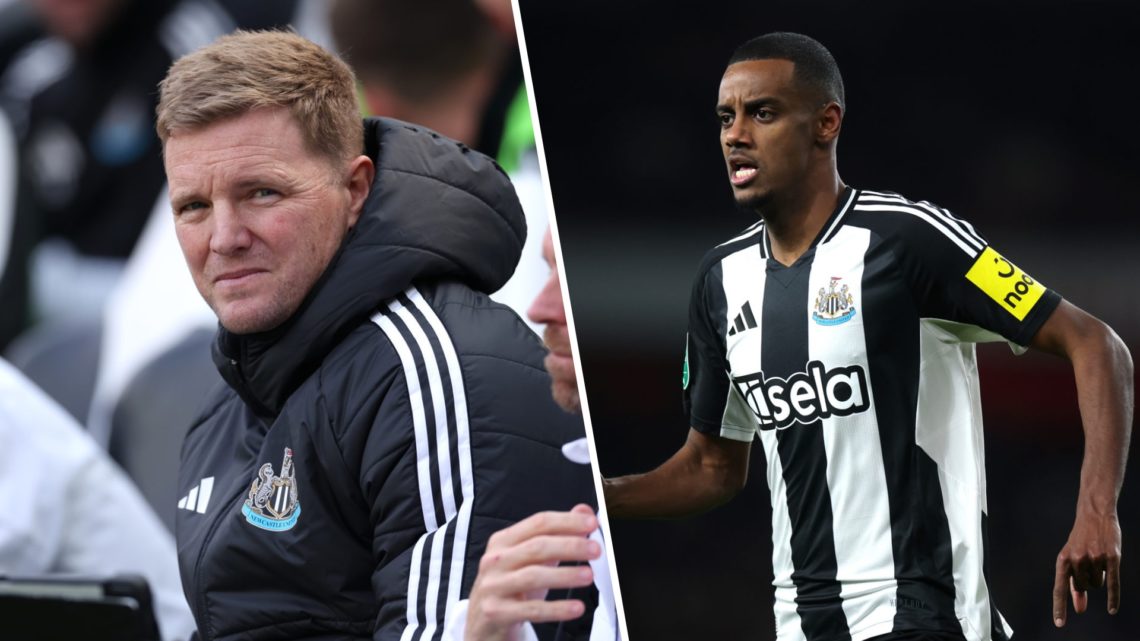 Newcastle United manager Eddie How is pictured sitting in the dugout. Alexander Isak during Newcastle United's Carabao Cup semi-final against Arsenal.