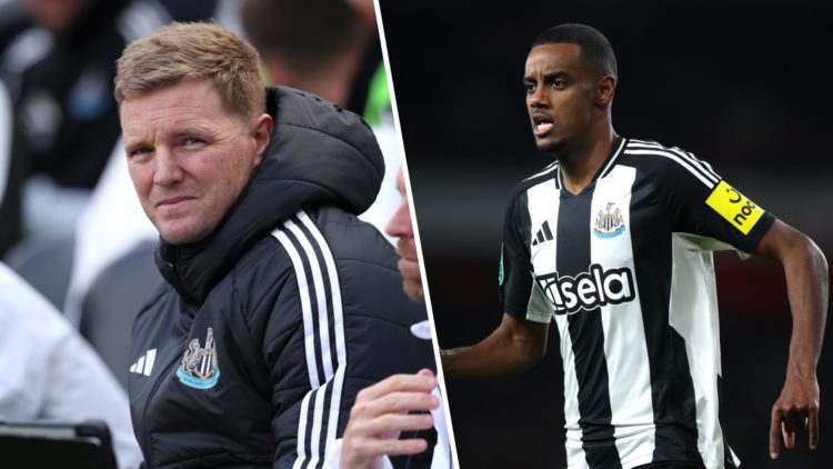 Newcastle United manager Eddie How is pictured sitting in the dugout. Alexander Isak during Newcastle United's Carabao Cup semi-final against Arsenal.