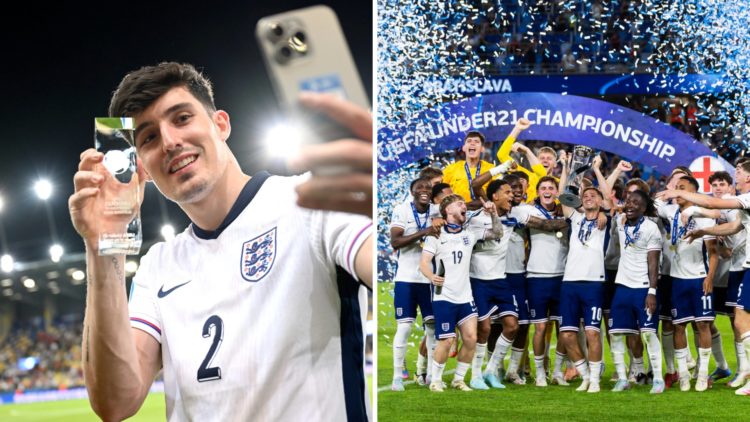 Tino Livramento takes a selfie with a Player of the Match award for the England U21s. The England player celebrate after winning the U21 European C...