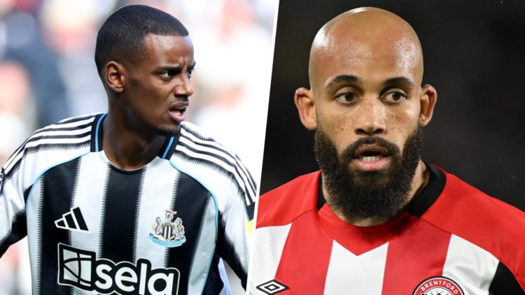 Alexander Isak playing for Newcastle United. Bryan Mbeumo playing for Brentford.
