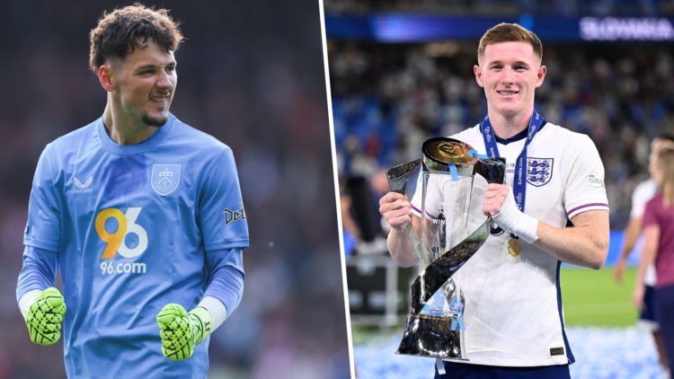 James Trafford celebrates a goal for Burnley. Elliot Anderson of England poses for a photograph with the UEFA European Under-21 Championship trophy.