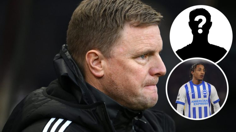 Eddie Howe looks on during a Newcastle United game. Inset 1, mystery player graphic. Inset 2, Joao Pedro looks on while playing for Brighton.