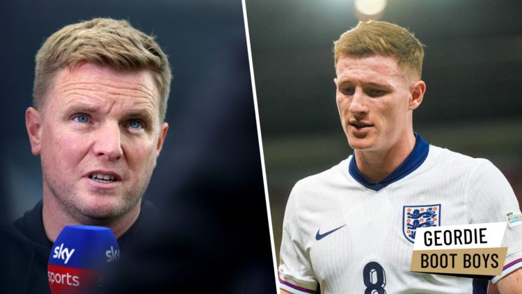Newcastle United manager Eddie Howe speaks with a Sky Sports microphone in his hand. Elliot Anderson looks on during an England U21 game against Sp...