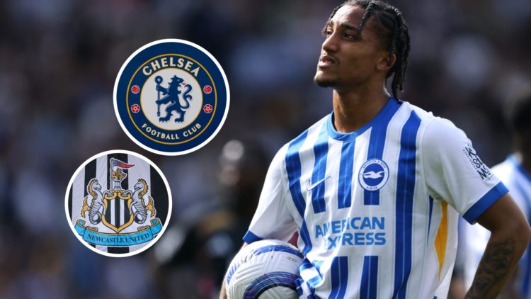 Joao Pedro waits to take a penalty during a Premier League game between Brighton and Leicester City. Inset: The Newcastle United and Chelsea crests.