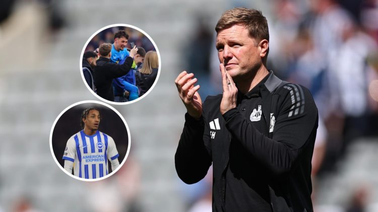 Eddie Howe applauds the fans at full time during the Premier League match between Newcastle United FC and Chelsea FC. Inset: Brighton player Joao P...