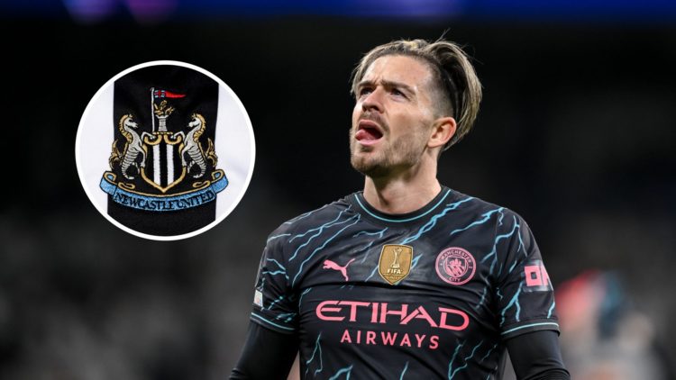 Jack Grealish looks up during a Champions League game between Real Madrid and Manchester City. Inset: the Newcastle United badge.