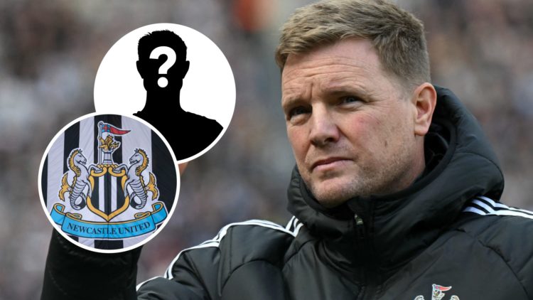 Eddie Howe gestures to the Newcastle United fans, Newcastle United badge on a flag, mystery player