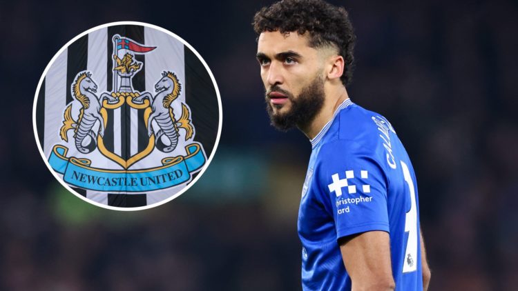Inset, detail view of the Newcastle United badge. Dominic Calvert-Lewin pictured looking on during an Everton game.
