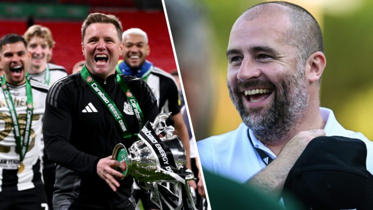 Eddie Howe celebrates with the Carabao Cup trophy. Paul Mitchell pictured smiling at Adidas HQ shortly after his appointment as Newcastle United sp...