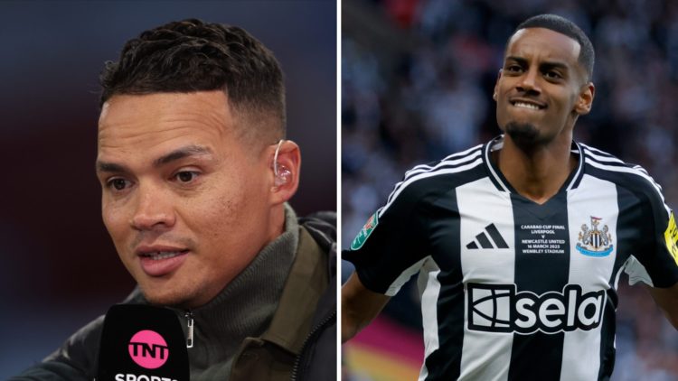 Jermaine Jenas speaks as a pundit. Alexander Isak celebrates after scoring for Newcastle United.