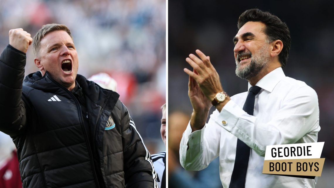 Newcastle United manager Eddie Howe celebrates. Newcastle United chairman Yasir Al-Rumayyan pictured clapping.