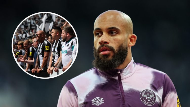 Bryan Mbeumo lining up to play for Brentford, Newcastle United fans inside St James' Park