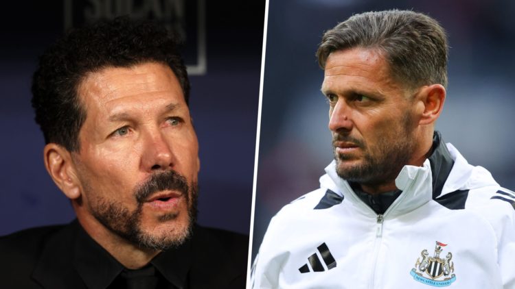 Atletico Madrid manager Diego Simeone looks on. Close-up shot of Newcastle United assistant manager Jason Tindall.