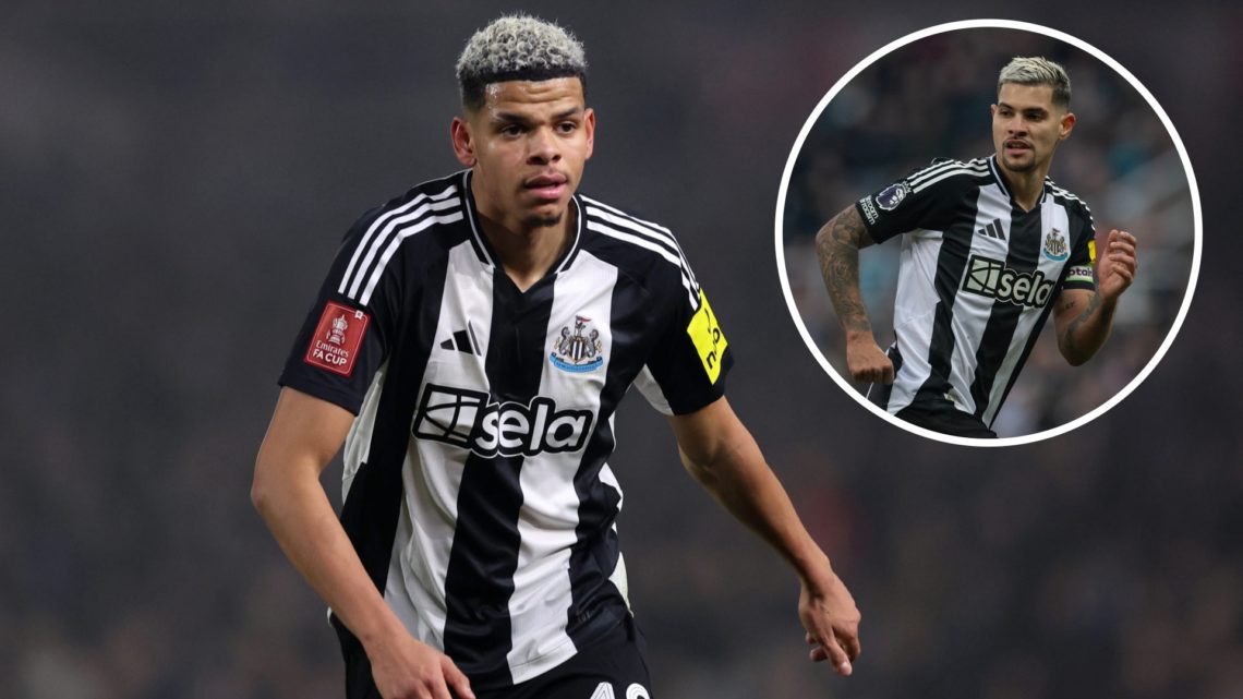 William Osula playing for Newcastle United against Birmingham in the FA Cup. Inset, Bruno Guimaraes in action for Newcastle United against Fulham.